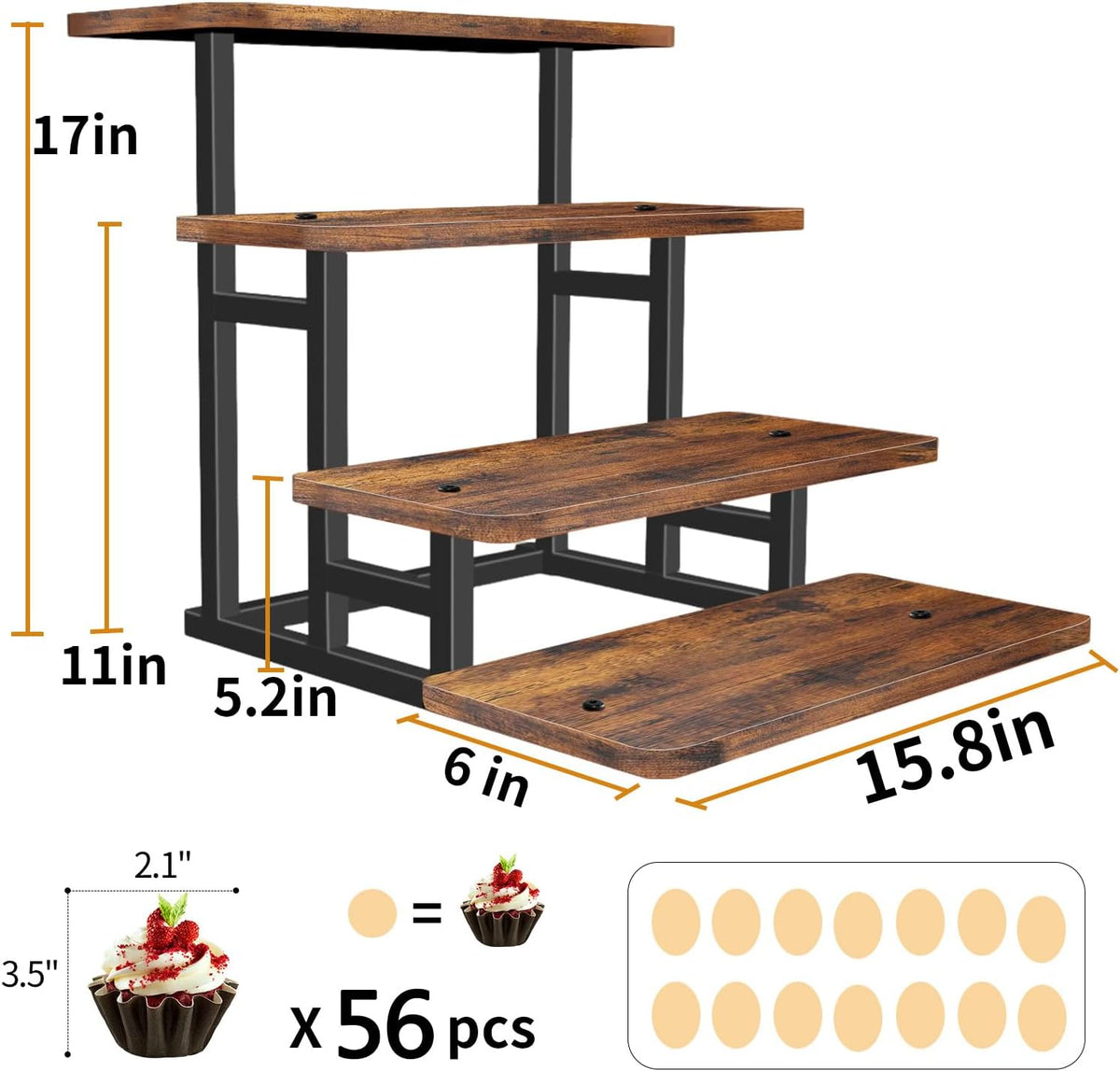 Cupcake Stand for 50 Cupcakes, 4 Tier Wooden Risers Display Stands Stepped Dessert Table Display Set with Metal Frame Tiered Tray Stand Serving Trays