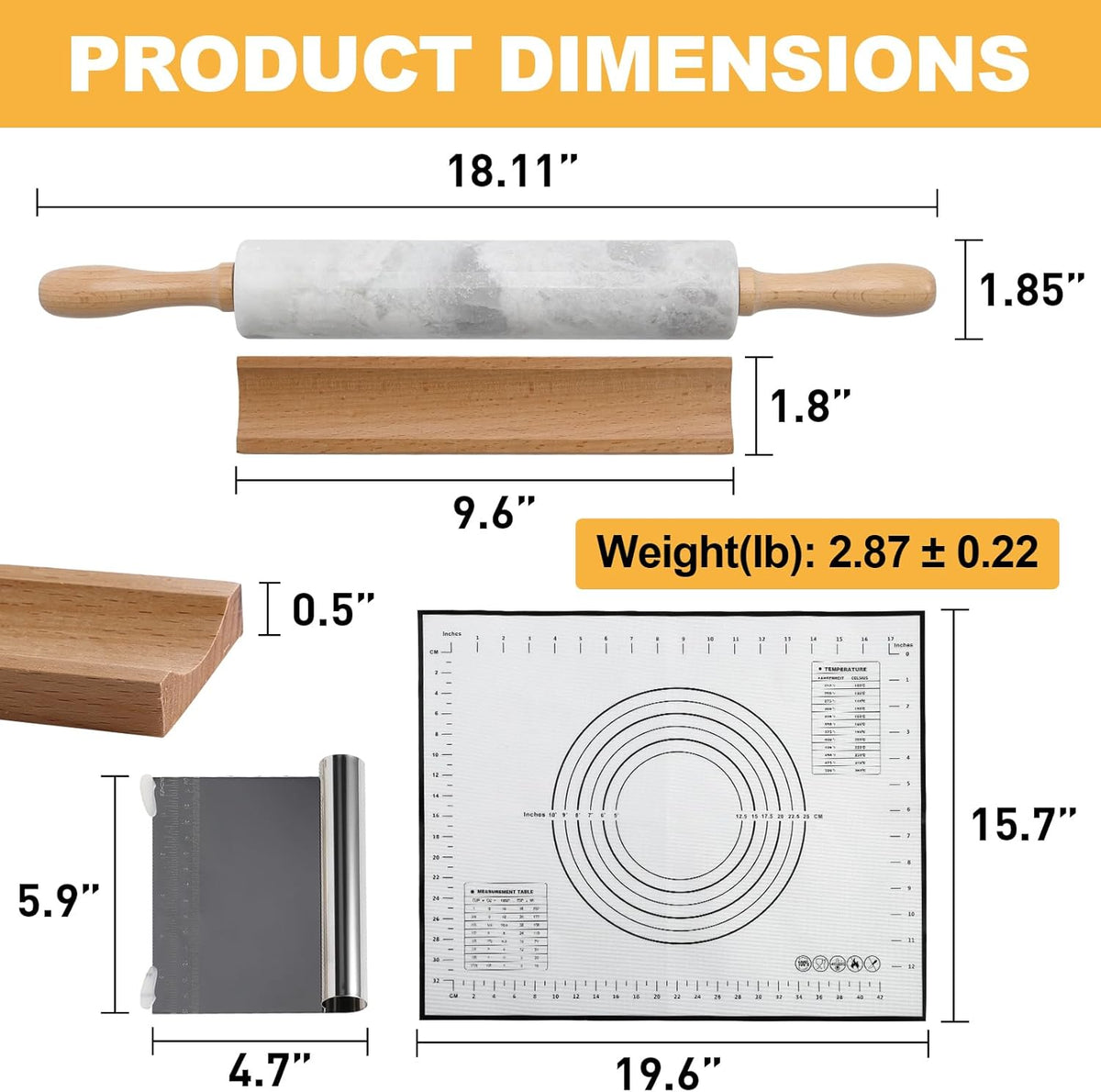 Koville African Natural Marble Rolling Pin, Non-Stick Polished Dough Roller, Pasta, Dumpling, Fondant, Pie Crust, Bread, Pizza Dough