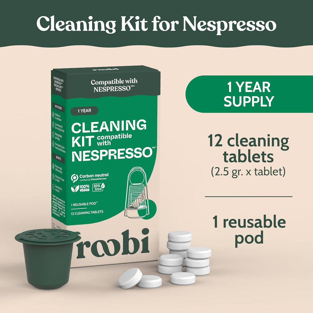 Roobi Cleaning Pods Compatible with Nespresso. Includes 1 Reusable Pod & 12 Cleaning Tablets. Specially Formulated for Originaline Machines