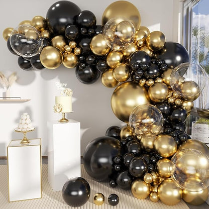 Black Gold Balloons Garland Arch Kit, 151pcs Metallic Gold and Black Balloons Different Size 18 12 10 5 inch for Graduation, Birthday, Anniversary, New Year Party Decorations Supplies