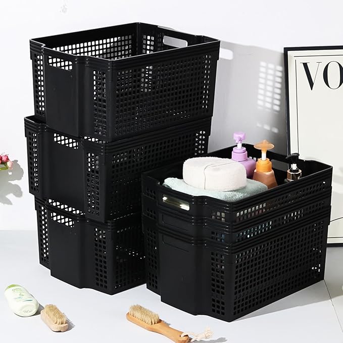 6-Pack Black Plastic Storage Baskets, Large Stackable Organizer Basket