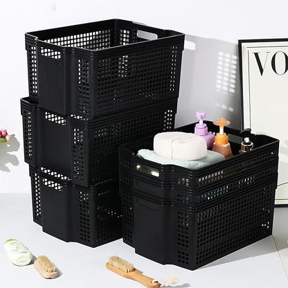 6-Pack Black Plastic Storage Baskets, Large Stackable Organizer Basket