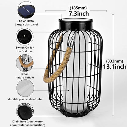 pearlstar Large Solar Powered Lantern Outdoor-Heavy Duty Metal Hanging Lights Decorative Solar Table Lamp Waterproof for Outside Patio Yard Garden Porch Tabletop Decor (Black)