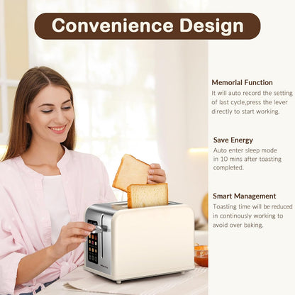 Mecity 2 Slice Touch Screen Toaster, 1.5" Wide Slot, Stainless Steel Smart Toaster for Bagels, Muffins, Waffles, Gluten-Free Breads, Defrost, Reheat, Timer, 120V 825W, Cream Color