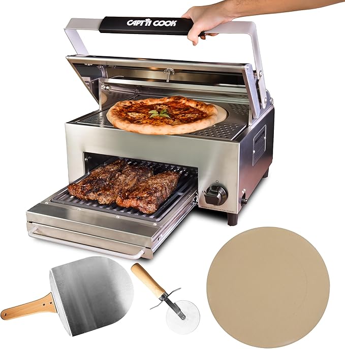CAPT'N COOK OvenPlus Pizza Oven Outdoor Gas Pizza Oven, Portable Propane Pizza Oven with Double Cooking Deck, Smokeless Outdoor Pizza Maker with Pizza Stone, Cutter and Peel for Backyard BBQ Camping