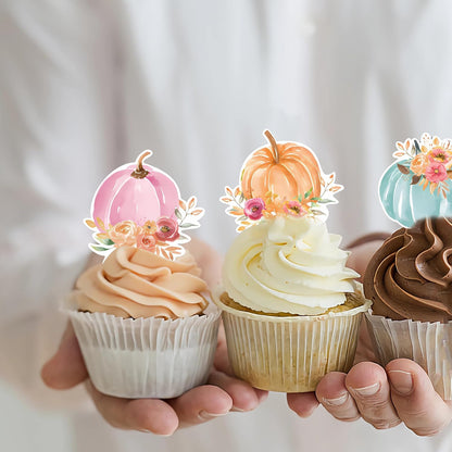 42Pcs Edible Pumpkin Cupcake Toppers Autumn Thanksgiving Theme Party Wafer Paper Flowers Pumpkin Cupcake Toppers Baby Gender Reveal Party Supplies
