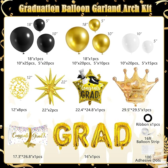 Graduation Balloon Arch Garland Kit Black Gold White Graduation Decorations 2026 for College High School Class of 2026 Grad Party Prom Decor
