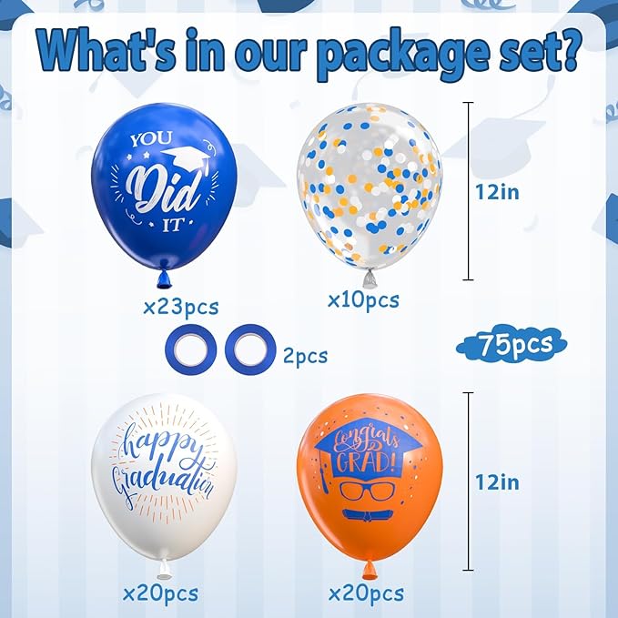 OuMuaMua 75Pcs Graduation Party Decorations Balloons Set - 12 Inch Congrats Grad Navy Blue Orange White Confetti Latex Balloons for Class of 2026 Graduation Birthday Party Decor Supplies
