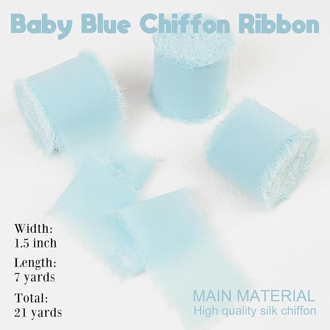 Baby Blue Chiffon Silk Ribbon - 1-1/2 Inch x 21 Yards, Frayed, Light Blue, Boho Style for Gift Wrapping, Wedding Invitation, Bridal Flower Bouquets