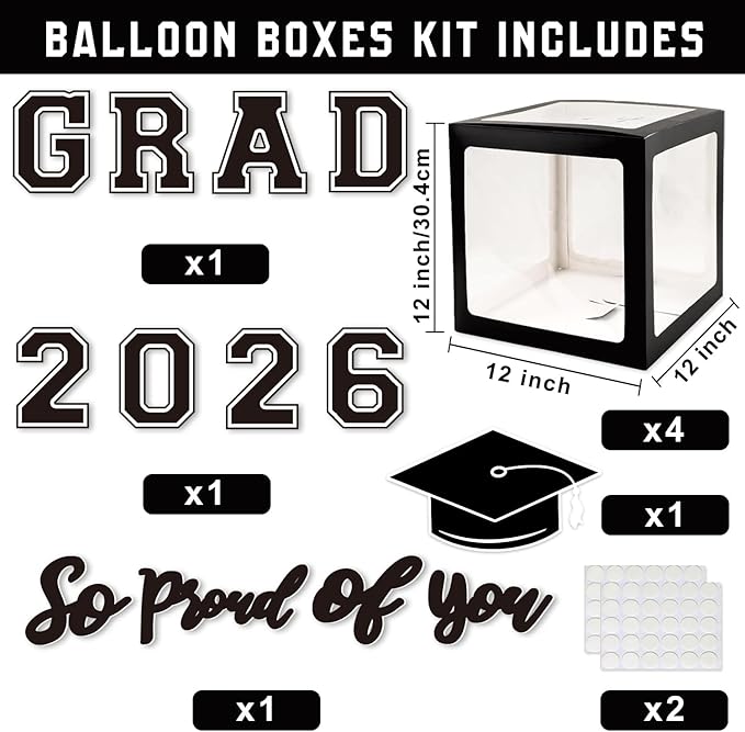 Graduation Decorations Class of 2026, Black Graduation Decorations, Balloons Boxes (4PCS) with Letters 2026 GRAD So Proud of You, Congrats Grad Decorations for High School & College