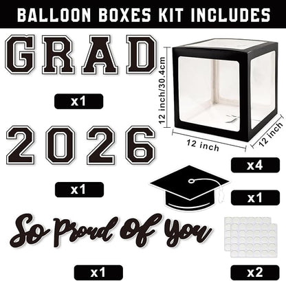 Graduation Decorations Class of 2026, Black Graduation Decorations, Balloons Boxes (4PCS) with Letters 2026 GRAD So Proud of You, Congrats Grad Decorations for High School & College