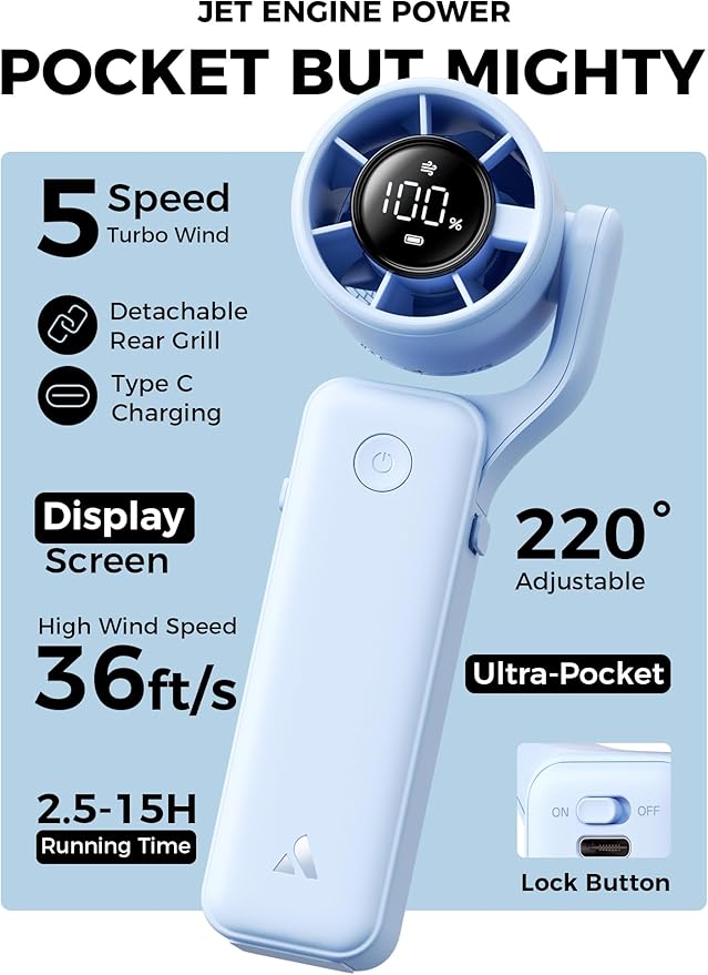 Aecooly Ultra-Pocket Portable Handheld Turbo Fan, 5 Gear Jet Force Airflow, Up to 15 Working Hours, USB Rechargeable Personal Battery Operated Mini Fan, for Travel/Outdoor/Vacation/Concerts -Blue