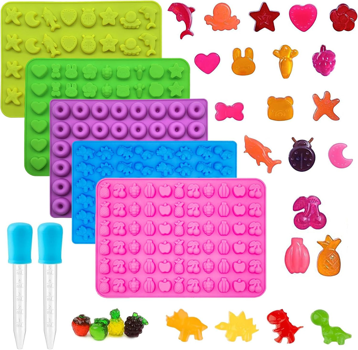 Gummy Candy Molds - Silicone Gummy Dinosaur/Marine Animal/Donut/Small Hearts Shapes/Fruit Snack Mold for Kids with 2pcs Dropper