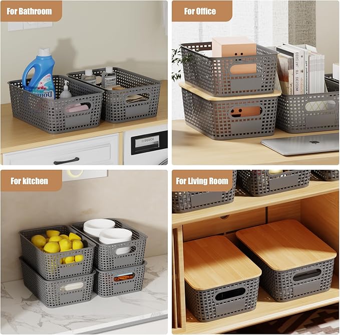 8 Pcs Plastic Storage Bins with Bamboo Lid, Stackable Storage Bins with Lids & Labels for Organizing, Storage Bins for shelves Office Drawer Cabinet & Pantry Nursery Organization,10.2x7.2x4 .1In