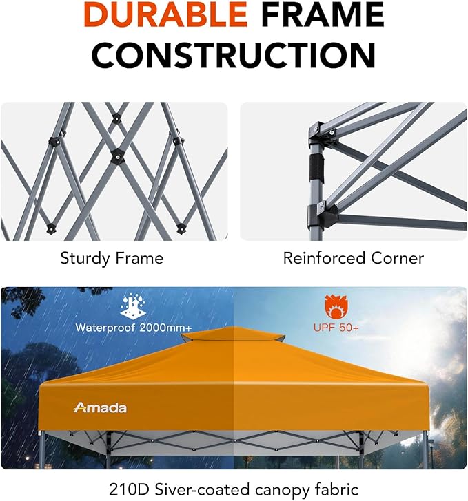 Amada 10x10 Pop Up Canopy - Center Lock One Push Instant Setup Wheeled Gazebo Outdoor Canopy Beach Tent with STO-N-Go Bag 8 Stakes & 4 Sand Bags, 3-Height Adjustable Shade Shelter (10x10ft, Orange)