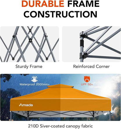 Amada 10x10 Pop Up Canopy - Center Lock One Push Instant Setup Wheeled Gazebo Outdoor Canopy Beach Tent with STO-N-Go Bag 8 Stakes & 4 Sand Bags, 3-Height Adjustable Shade Shelter (10x10ft, Orange)