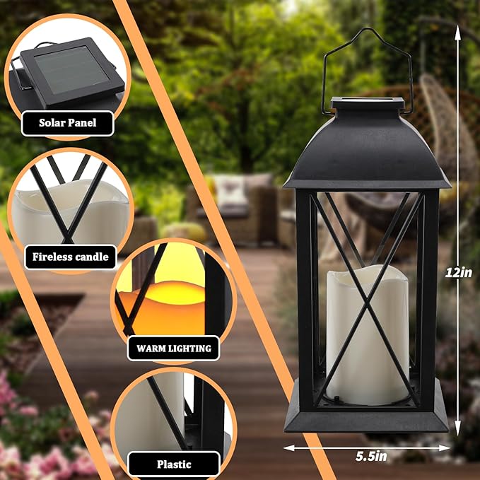 2 Pack Outdoor Solar Lantern 12" Battery Hanging Lanterns Waterproof Vintage Classics Flickering Flameless Candle Lanterns for Patio, Table, Party, Garden, Table, Kitchen