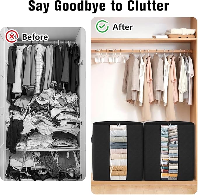 SpaceTrove Clothes Storage Bags, 8-Pack Comforter Blanket Organizers, 80L Large Capacity Containers with Visual Window for Clothing, Quilt, Sheet, Pillow, Closet Organization for Bedding (Black)