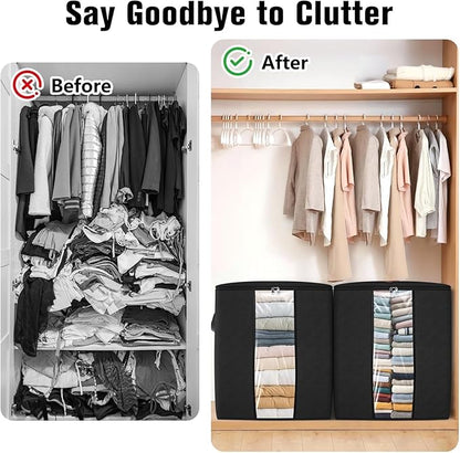 SpaceTrove Clothes Storage Bags, 8-Pack Comforter Blanket Organizers, 80L Large Capacity Containers with Visual Window for Clothing, Quilt, Sheet, Pillow, Closet Organization for Bedding (Black)