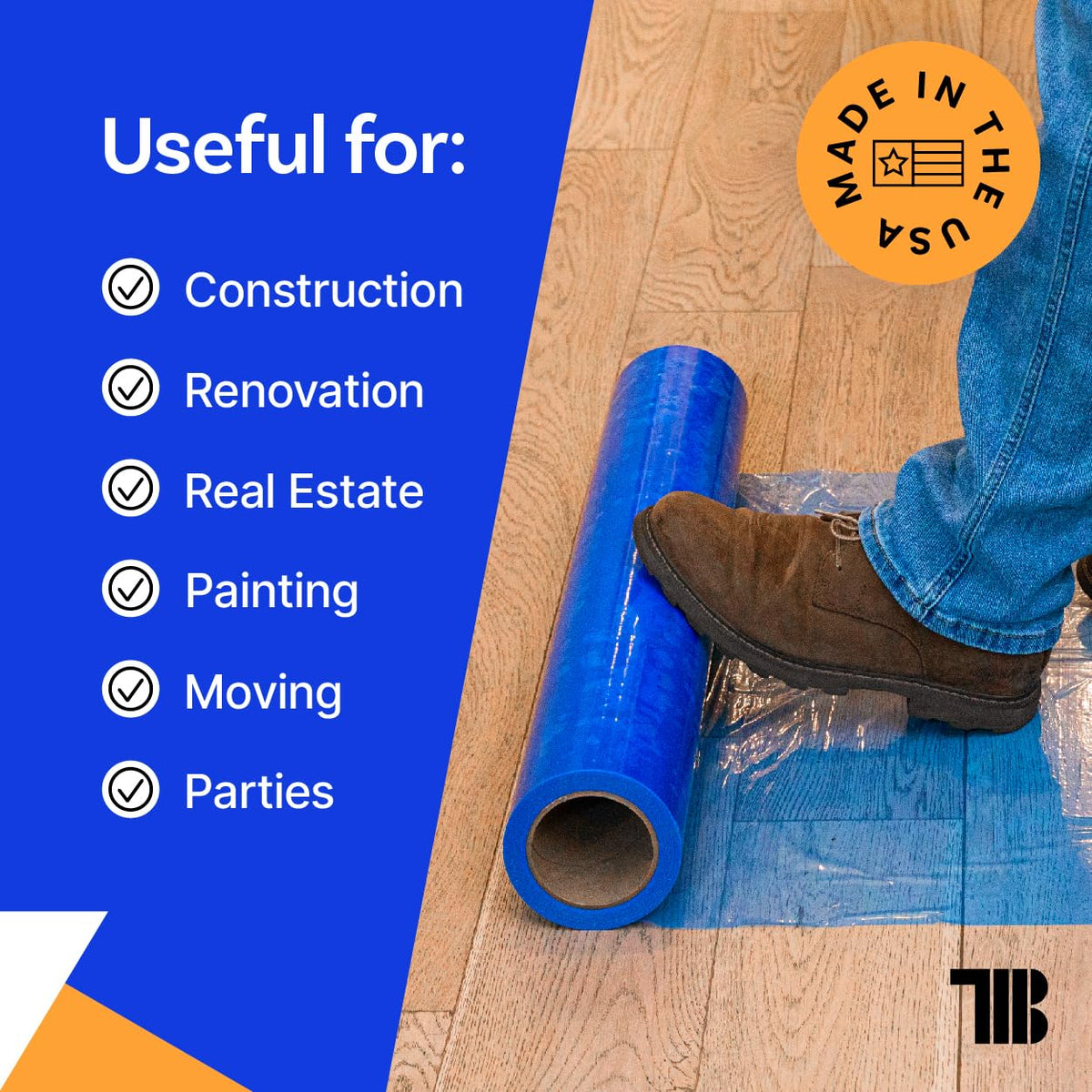 Floor Protection Film, 48" x 200', Made in USA, Blue Self Adhesive Floor Protector Tape for Moving, Painting and Construction, Temporary Covering to Shield Hardwood, Tile, Hard Surfaces