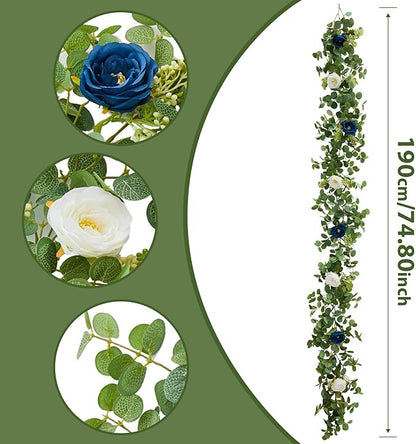 PARTY JOY 2pcs 6.56ft Eucalyptus Garland with Flowers-8 Blue White Roses, Artificial Fake Flowers Greenery Garland Floral Vines for Decoration Party Wedding Table Indoor Outdoor Backdrop Wall Decor