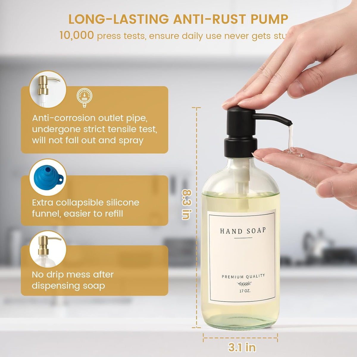 Glass Soap Dispenser for Kitchen, Farmhouse Dish Soap Dispenser&Hand Soap Dispenser Set,Rustproof Pump Lotion Dispenser Bathroom with Tray, Waterproof Label for Kitchen Decor(Clear