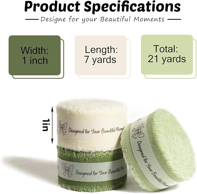 Green Cotton Ribbon 1 Inch Sage, Moss & Ivory 3 Rolls 21 Yards Frayed Edge Fabric Set for Boho Rustic Wedding Invitations, Bridal Bouquets, Gift Wrapping, DIY Crafts, Spring Home Decor