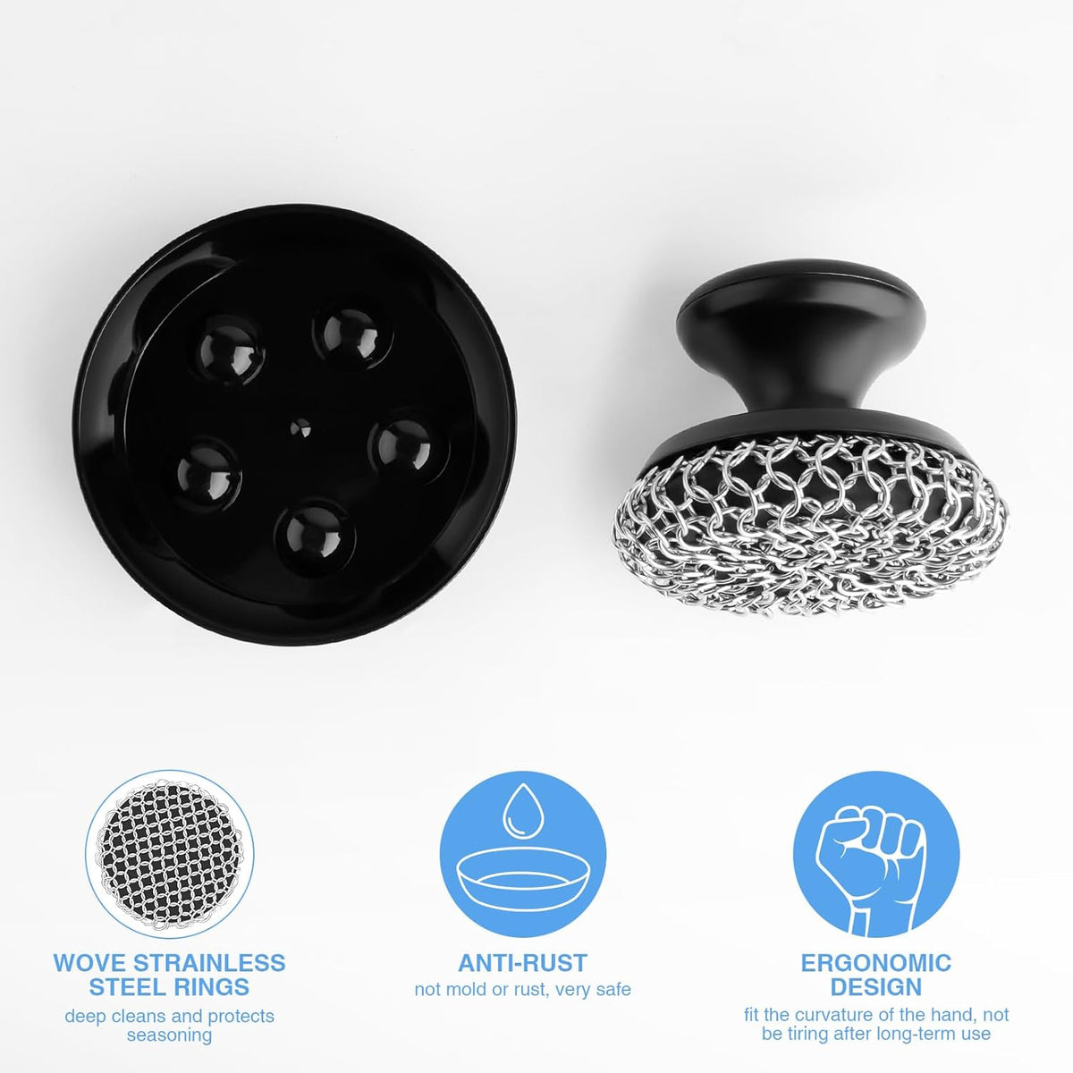 Cast Iron Scrubber Cleaner, Chainmail Scrubber for Cast Iron Pan Skillet, Dish Scouring Pad, Stainless Steel Brush/Scraper for Metal Skillet Scrubbing, Wok, Dutch Oven Cleaning Kit - Thick Mesh