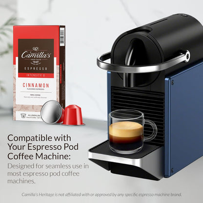 Camilla’s Heritage - Intensity 8 Cinnamon Flavored Espresso Coffee, Gourmet Espresso Cups, 60 Coffee Pods
