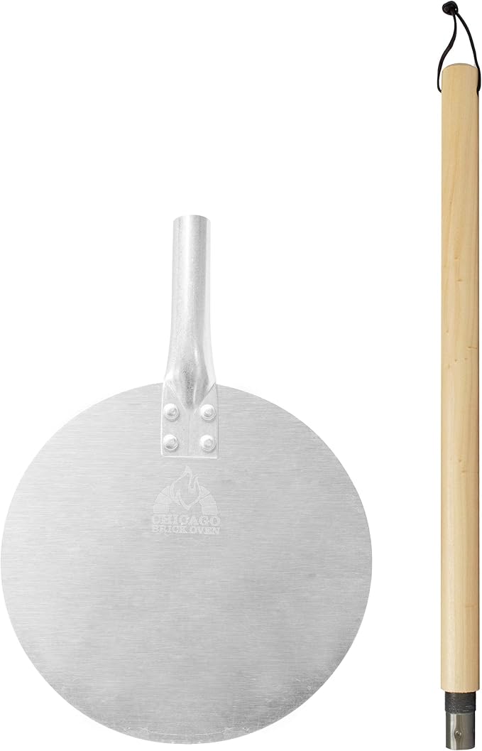 Chicago Brick Oven Pizza Turning Peel PRO - 9" Diameter- 31.5" Detachable Wooden Handle with Leather Strap, Premium Hard Aluminum, Perfect for Professional & Home Use, Ideal Bakeware, Oven Accessory