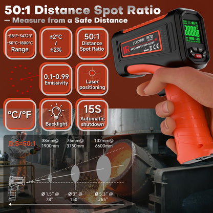 -58℉~3272℉ Infrared Thermometer IR Gun, High-Temp Digital Temperature Gun, 50:1 Non-Contact Pyrometer for Kiln, Forge, Furnace, Engine, HVAC & Industrial Applications