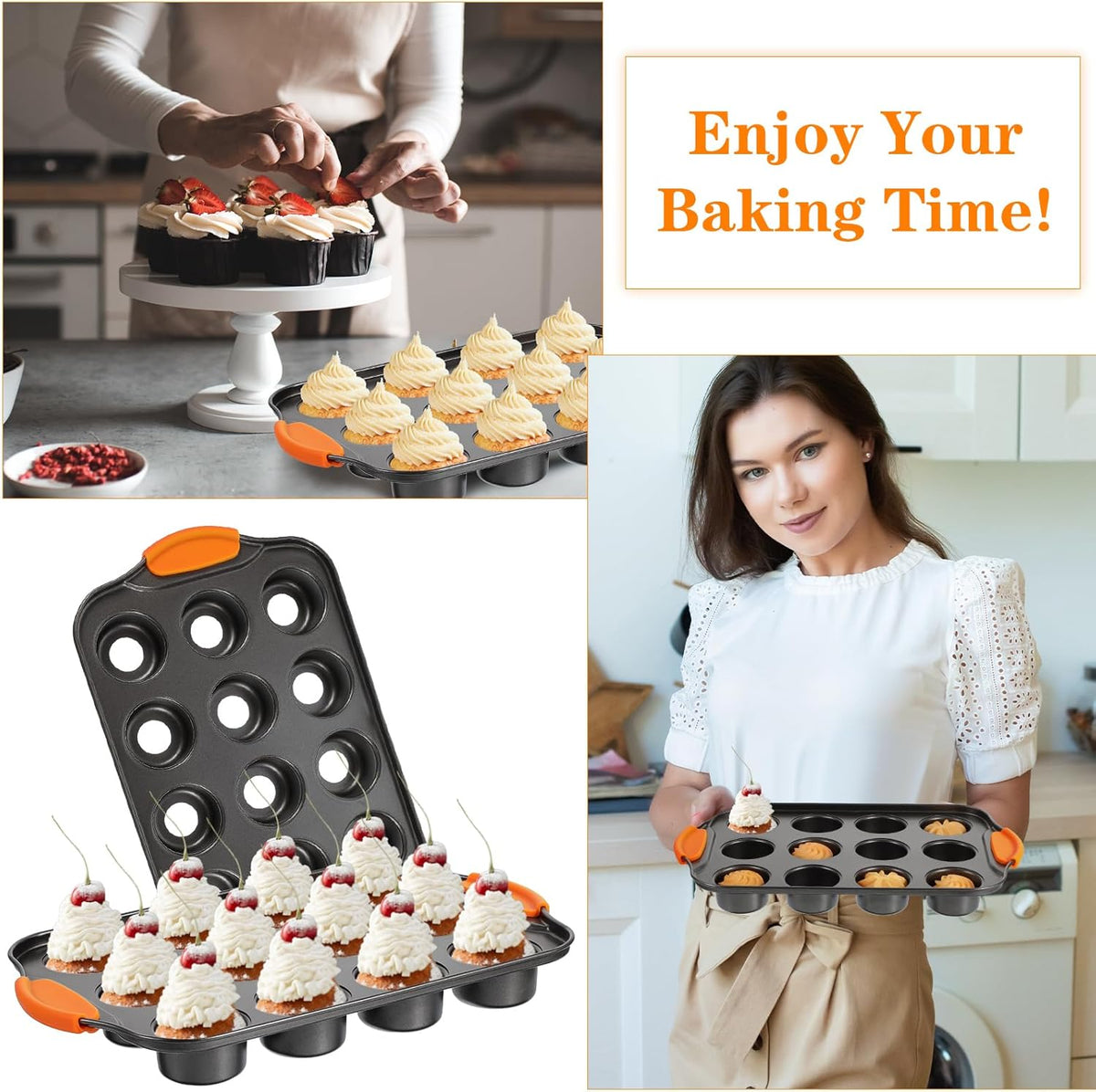 2Pack Mini Cheesecake Pans Removable Bottom Mini Cupcake Pans, 12 Cavity Minii Cheesecake Molds with Silicone Handle Nonslip Muffin Pan Baking