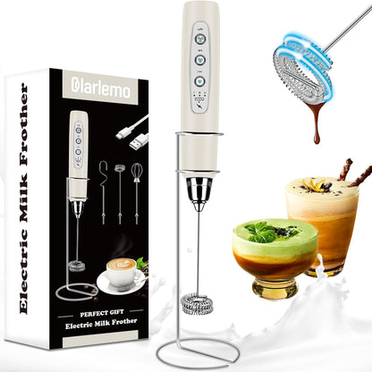Milk Frother Handheld Rechargeable with Stand, Frother Wand Drink Mixer Electric Whisk for Coffee, Detachable With 3 Stainless Whisks
