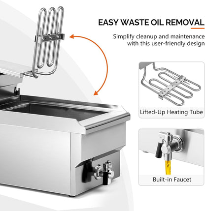 ROVSUN 12.5QT/11.8L Electric Deep Fryer w/Frying Basket, Timer, Drain, & Lid, Commercial Countertop Single Tank Frying Machine, Adjustable Temperature, for French Fries Donuts Onion Rings, 1700W 110V