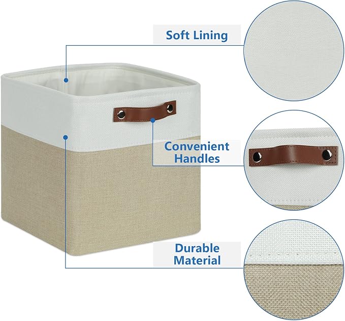 Temary 11 x 11 Cube Storage Bins Fabric Storage Baskets 4 Pack Cubes Baskets with Handles for Organizing Clothes, Organizer Bins for Storage (White&Khaki)