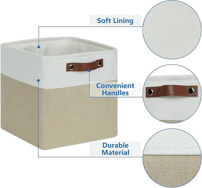 Temary 11 x 11 Cube Storage Bins Fabric Storage Baskets 4 Pack Cubes Baskets with Handles for Organizing Clothes, Organizer Bins for Storage (White&Khaki)