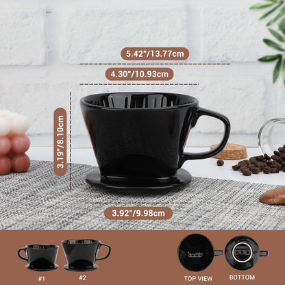 Segarty #2 Pour Over Coffee Maker, Single Cup Black Ceramic Coffee Dripper, 1 Set Size No.2 Reusable Filter Cone Drip Holder Slow Brewer with 3 Holes