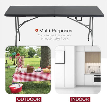 PayLessHere | 6FT Folding Table | Black | Portable Plastic Table with Carry Handle | Waterproof & Foldable Table Design | Steel Frame with Lock | for Events, Camping, Indoor & Outdoor Use