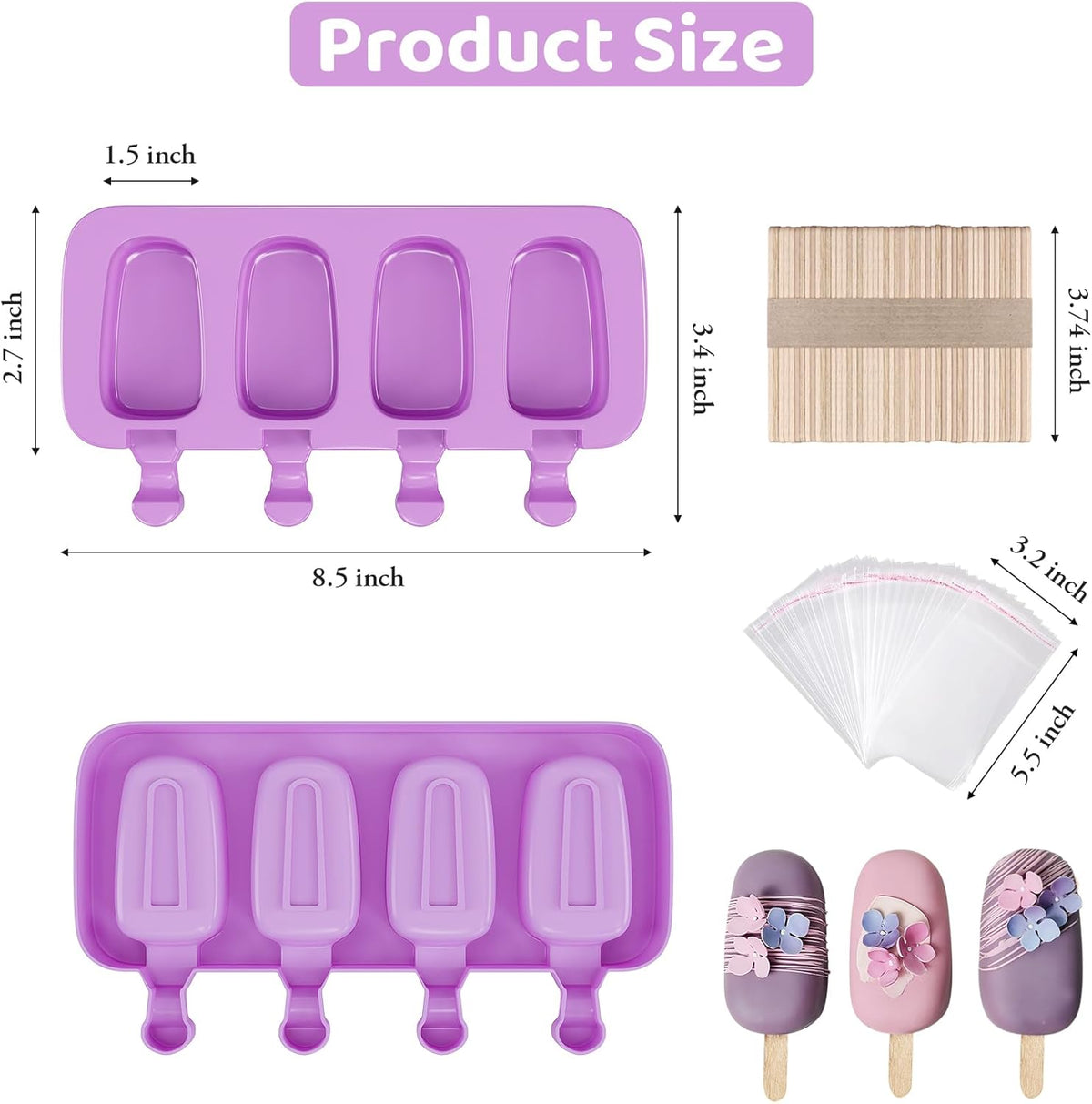 Ouddy Life Popsicle Molds Set of 2, Ice Pop Molds Silicone 4 Cavities Ice Cream Mold Oval Cake Pop Mold with 50 Wooden Sticks for DIY Popsicle