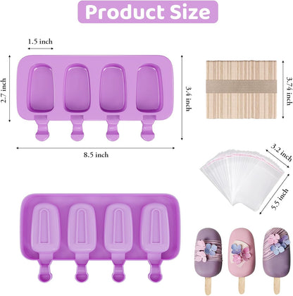 Ouddy Life Popsicle Molds Set of 2, Ice Pop Molds Silicone 4 Cavities Ice Cream Mold Oval Cake Pop Mold with 50 Wooden Sticks for DIY Popsicle