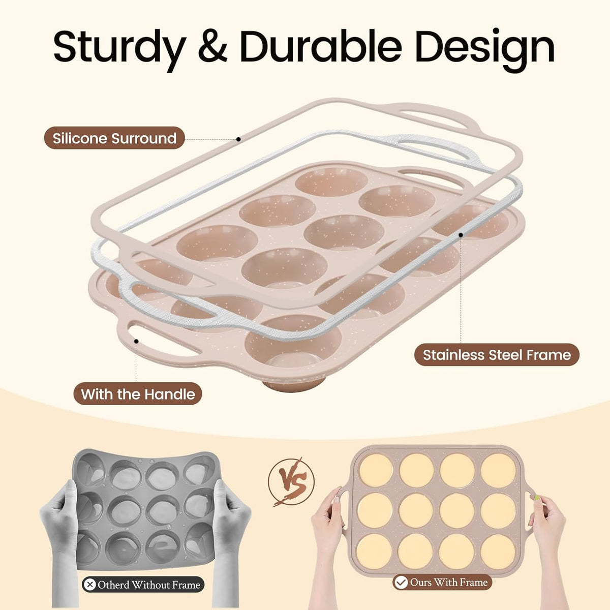 Vinino 2Pack Silicone Muffin Pans for Baking with Metal Reinforced Frame, 12 Cups Regular Size Nonstick Silicone Cupcake Pan