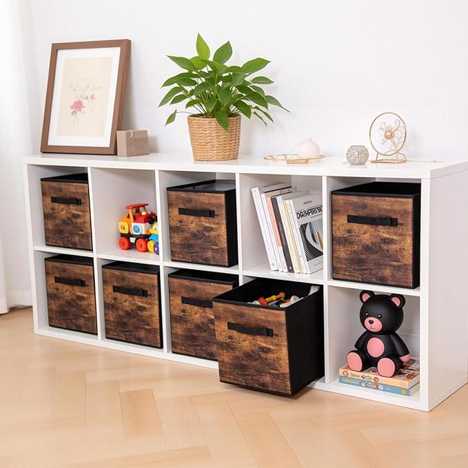 11 Inch Fabric Storage Cubes, 6 Pack Foldable Storage Bins with Handle, Fabric Cube Box for Shelves, Closet, Bedroom, Living Room, Organizer, Rustic Brown and Ink Black