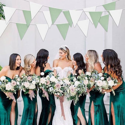 Zwiebeco 39Ft Green White Fabric Bunting Banner Triangle Flags Hanging Cotton Garland Pennant for Spring Tea Party Birthday Wedding Baby Shower Outdoor Garden Decorations 42PCS