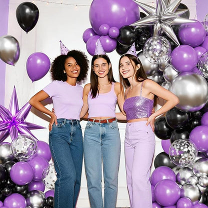 Purple and Black Balloon Arch Kit, 2026 Graduation Decorations, 130Pcs Purple Black Silver Balloons with Foil Star Confetti Balloons for College High School Graduation Decorations Class of 2026