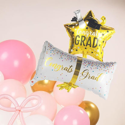 Pink White and Gold Balloon Garland Arch Kit 140Pcs with Pink and gold Stars Graduation Certificate Crown DIY bow for 2025 GRAD Prom coquette Decorations