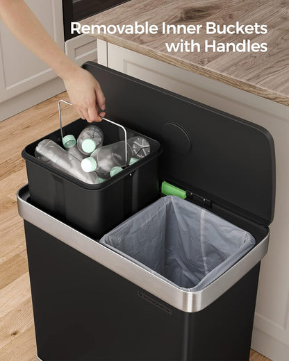 SONGMICS Kitchen Trash Can, 16 Gallon (2 x 8 Gallon) Dual Compartment Garbage Can, 60L Pedal Recycling Bin, Stays Open and Soft Close, Stainless Steel, 15 Bags Included, Ink Black ULTB202B01