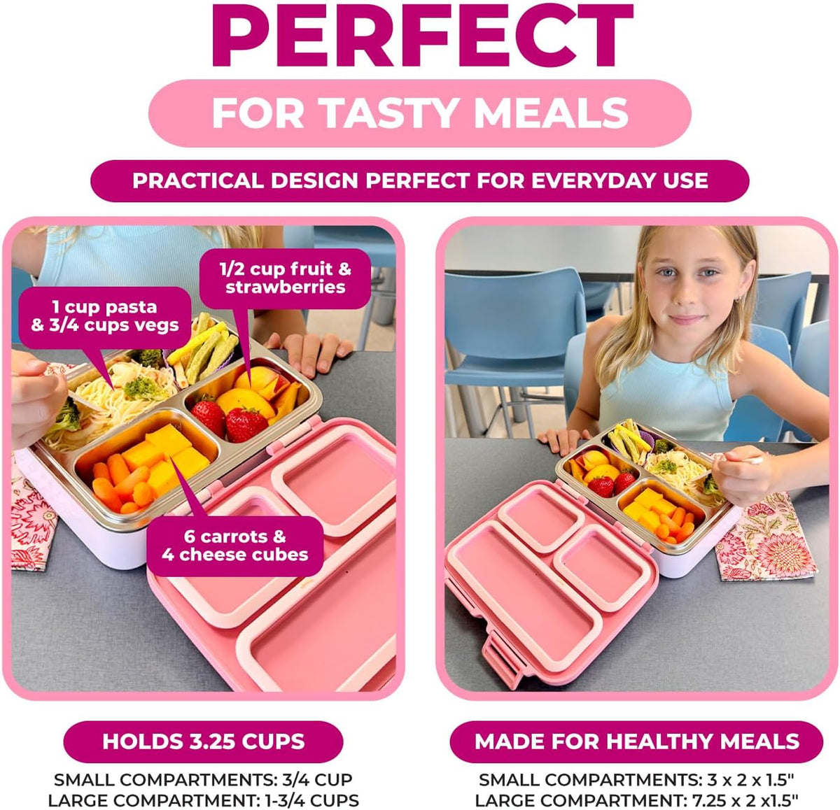Stainless Steel Bento Box Lunch Container for Kids Adults with Removable Tray, Leakproof Silicone Seals, BPA Free 26 oz/790 mL (Pink)