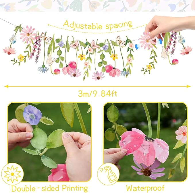 Butterfly Banner Wildflower Party Decorations Paper Flower Leaves Banner Butterfly Garland for Wall Decoration Spring Baby Shower Wedding Backdrop Decorations