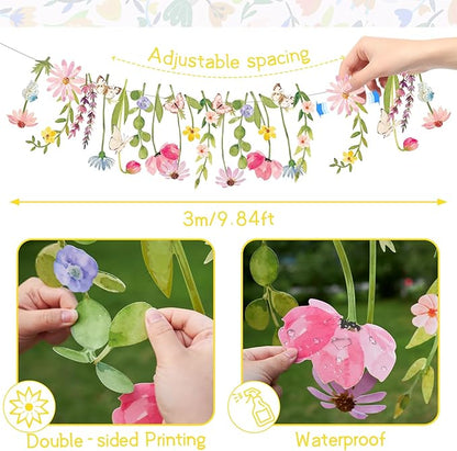 Butterfly Banner Wildflower Party Decorations Paper Flower Leaves Banner Butterfly Garland for Wall Decoration Spring Baby Shower Wedding Backdrop Decorations