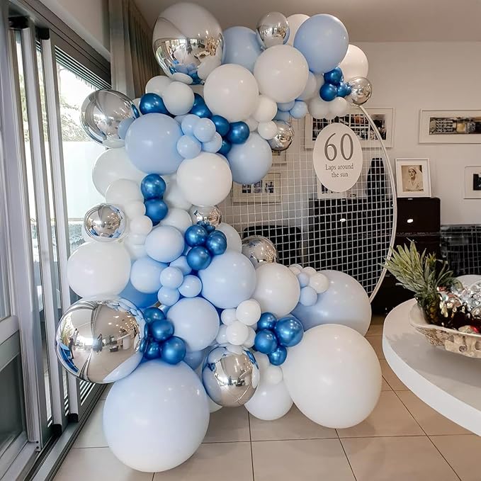 Jobkoo Blue White Balloon Arch Kit Baby Blue White Silver Balloon Garland 4D Silver Foil Balloons Pastel Light Blue Silver Latex Balloons Christening Boy Birthday Baby Shower Party Decorations QQ-113